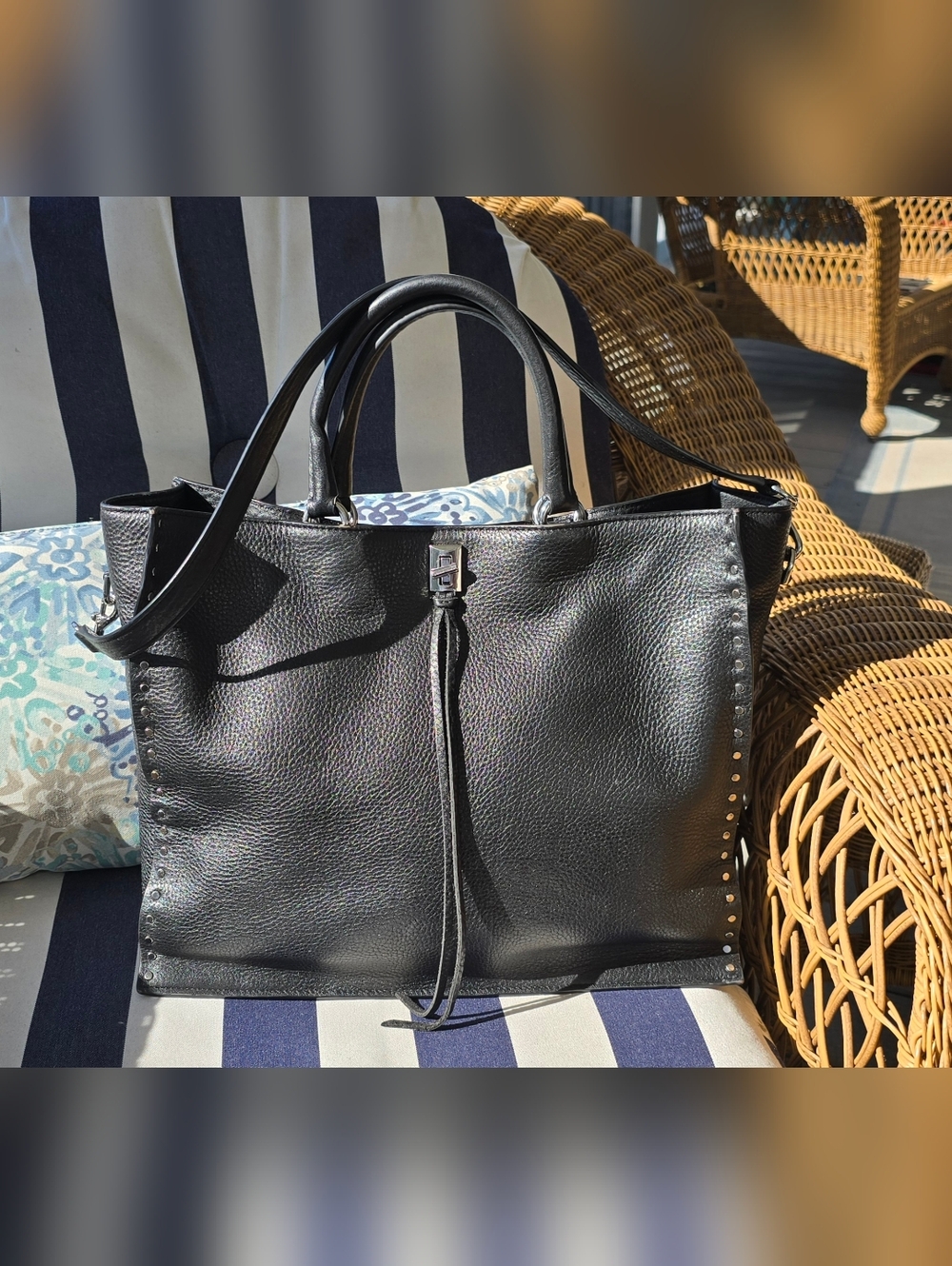 Rebecca Minkoff Classic Black Leather Studded Tote Bag - Elegant Everyday Carry